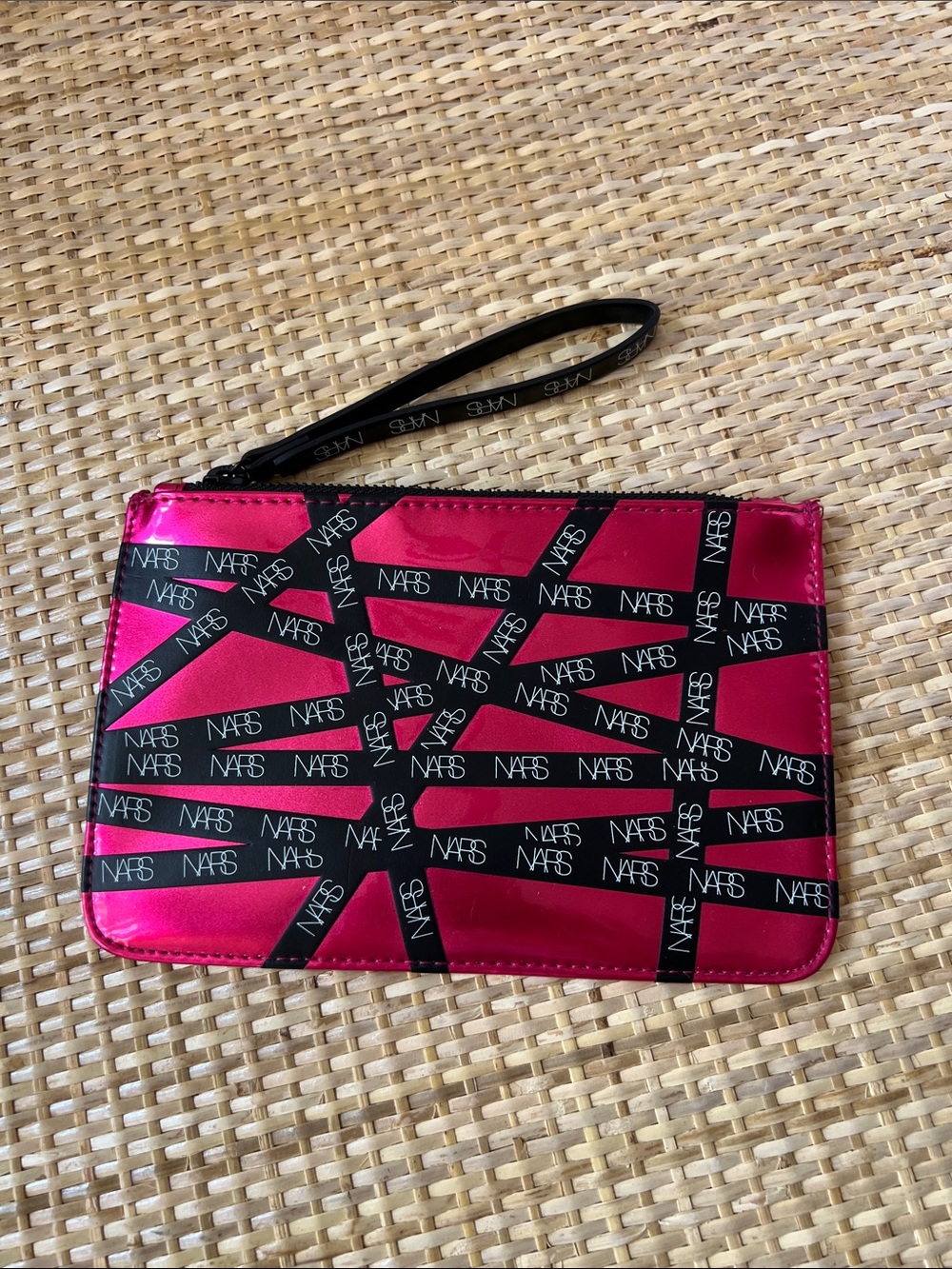 NARS Holiday Collateral small cosmetic pouch ribbon strap logo hot pink black